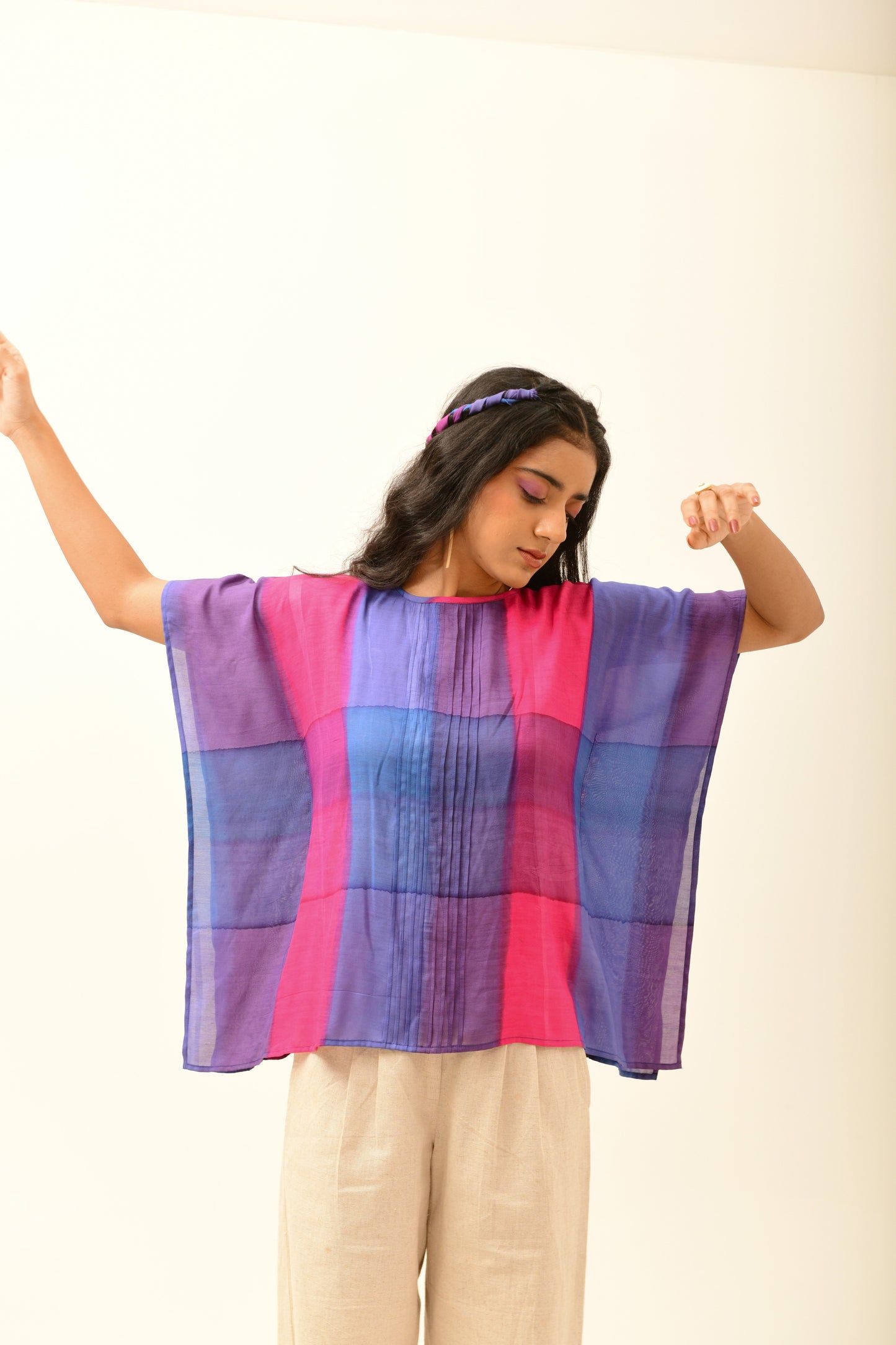 Epoch Blue & Fuchsia Front Pleated Top