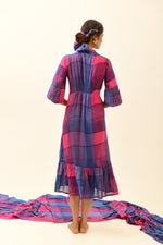 Aura Blue & Fuchsia V-Neck Frilled Dress