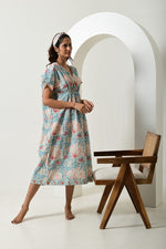 Floral Blue Cinched Waist Kaftan Dress
