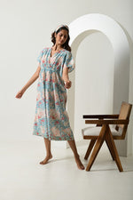Floral Blue Cinched Waist Kaftan Dress