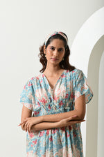 Floral Blue Cinched Waist Kaftan Dress