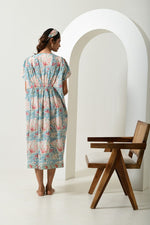 Floral Blue Cinched Waist Kaftan Dress