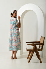 Floral Blue Cinched Waist Kaftan Dress