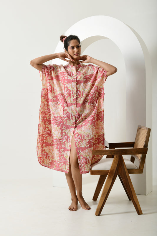 Floral Pink Front Buttoned Kaftan Dress