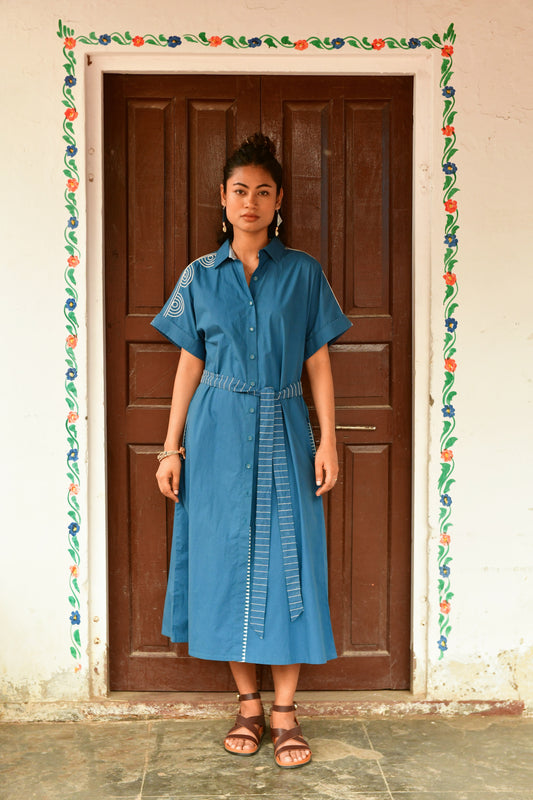 Stella Blue Enbroidered Shirt Dress