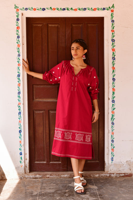 Plum Red Embroidered Dress