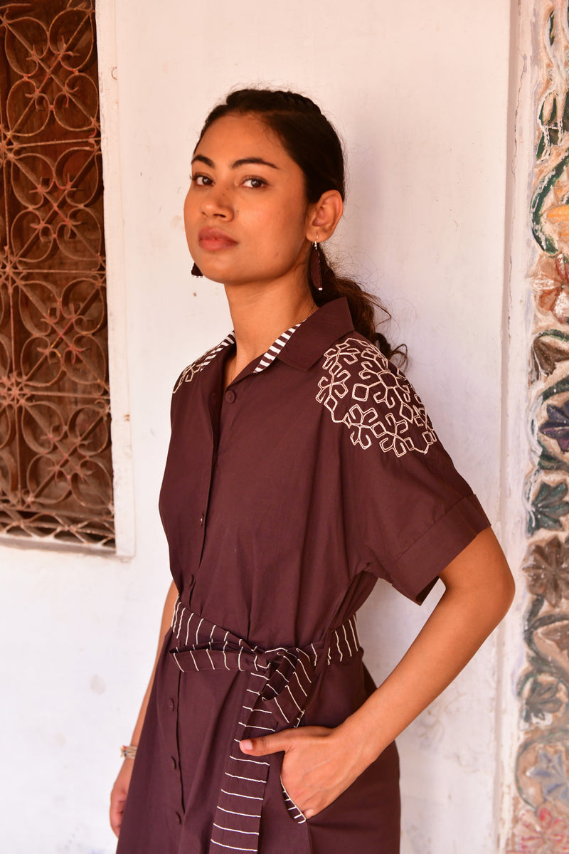 Stella Brown Embroidered Shirt Dress