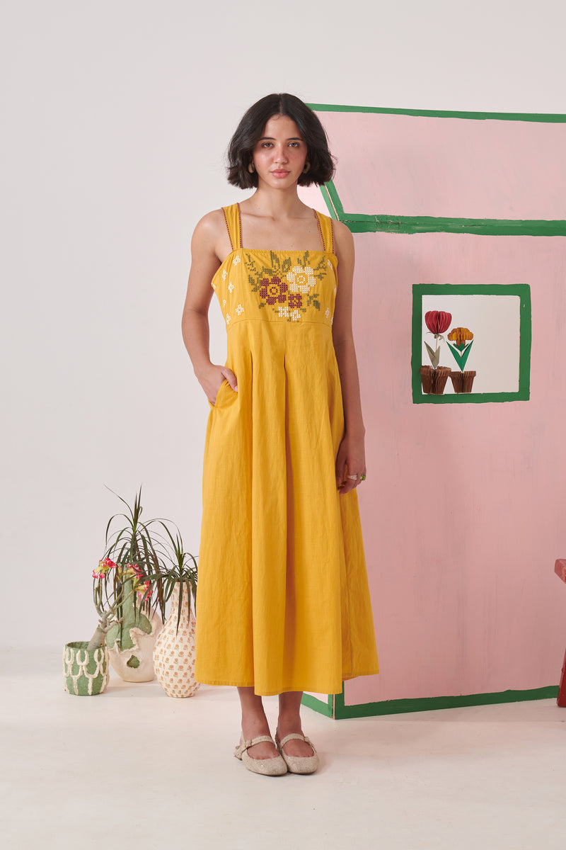 Sera Mustard Pixel Embroidered Strappy Dress