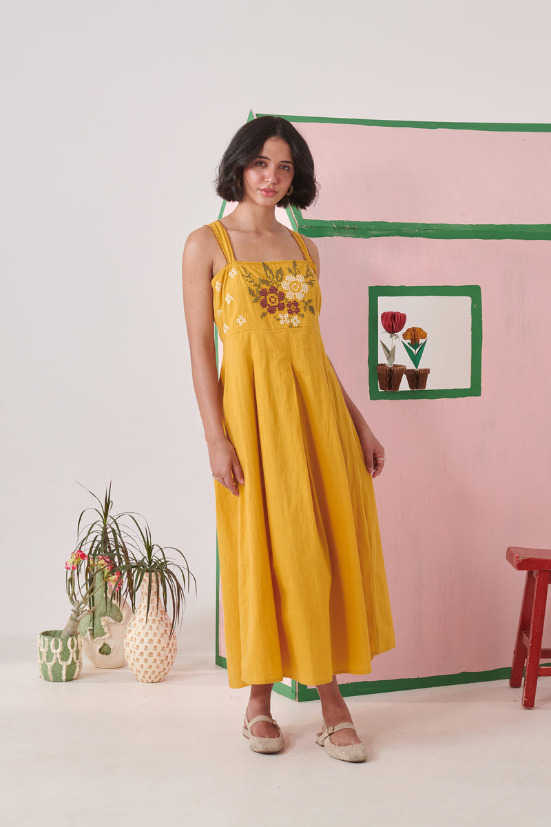 Sera Mustard Pixel Embroidered Strappy Dress