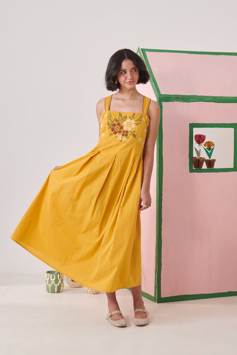 Sera Mustard Pixel Embroidered Strappy Dress