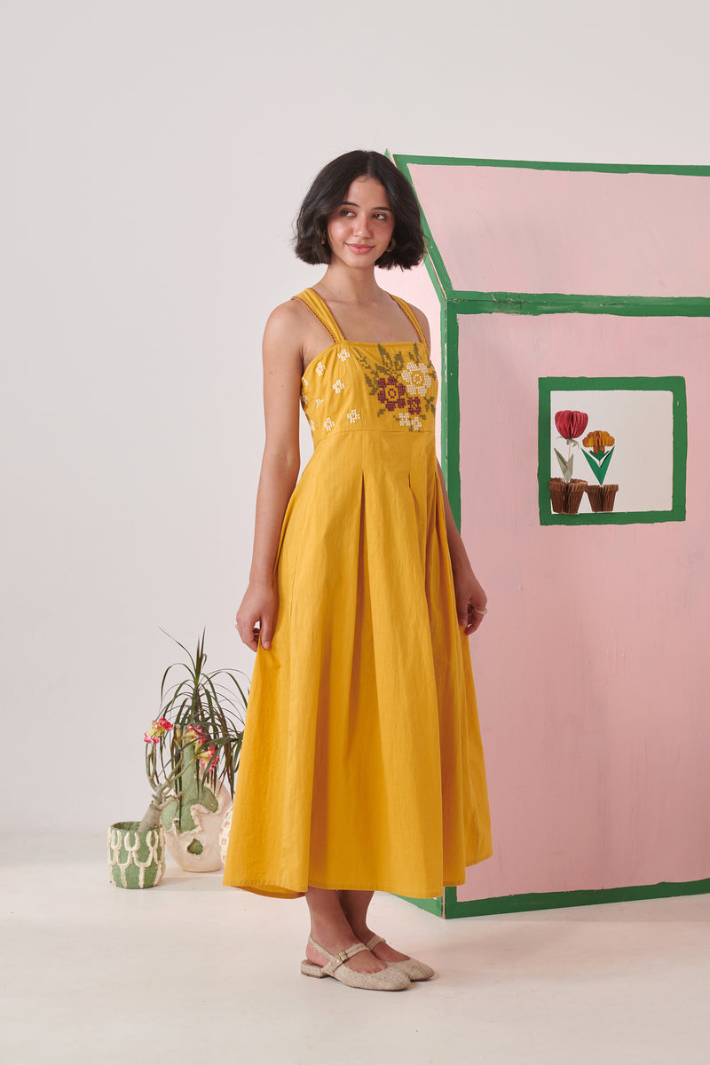 Sera Mustard Pixel Embroidered Strappy Dress