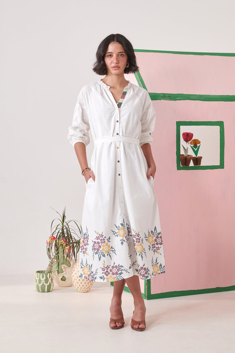 Dune White Pixel Midi  Dress