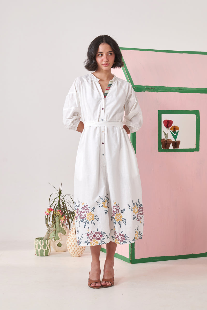 Dune White Pixel Midi  Dress