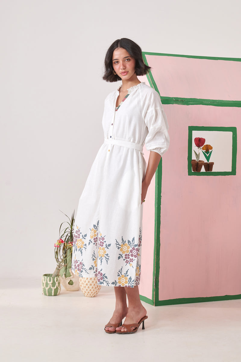 Dune White Pixel Midi  Dress