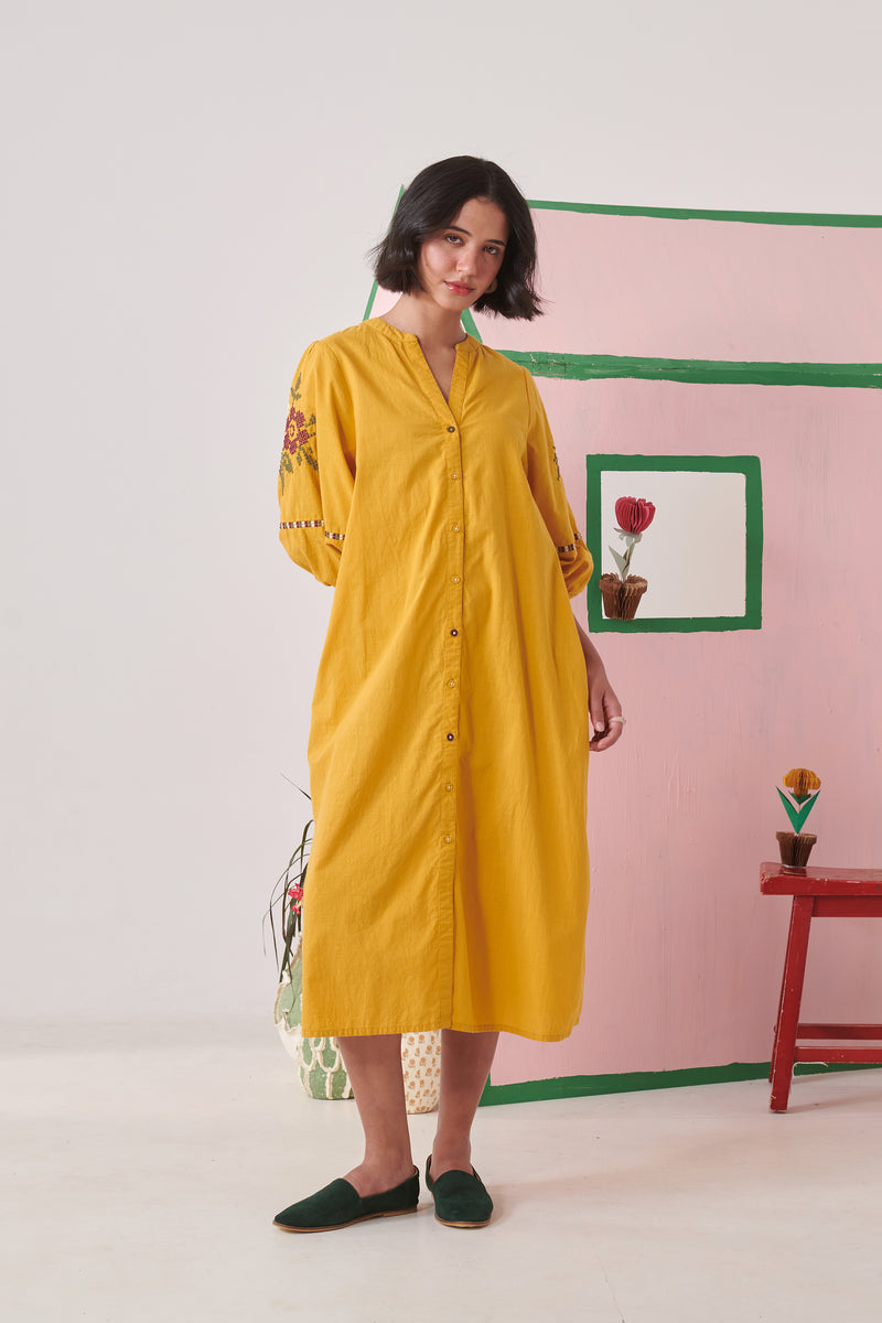 Myra Mustard Pixel Embroidered Midi Dress