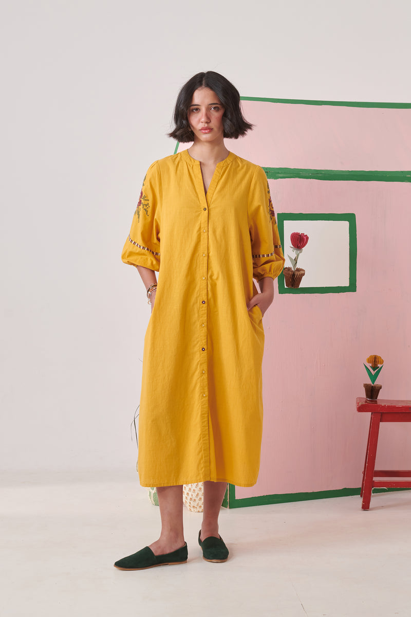 Myra Mustard Pixel Embroidered Midi Dress