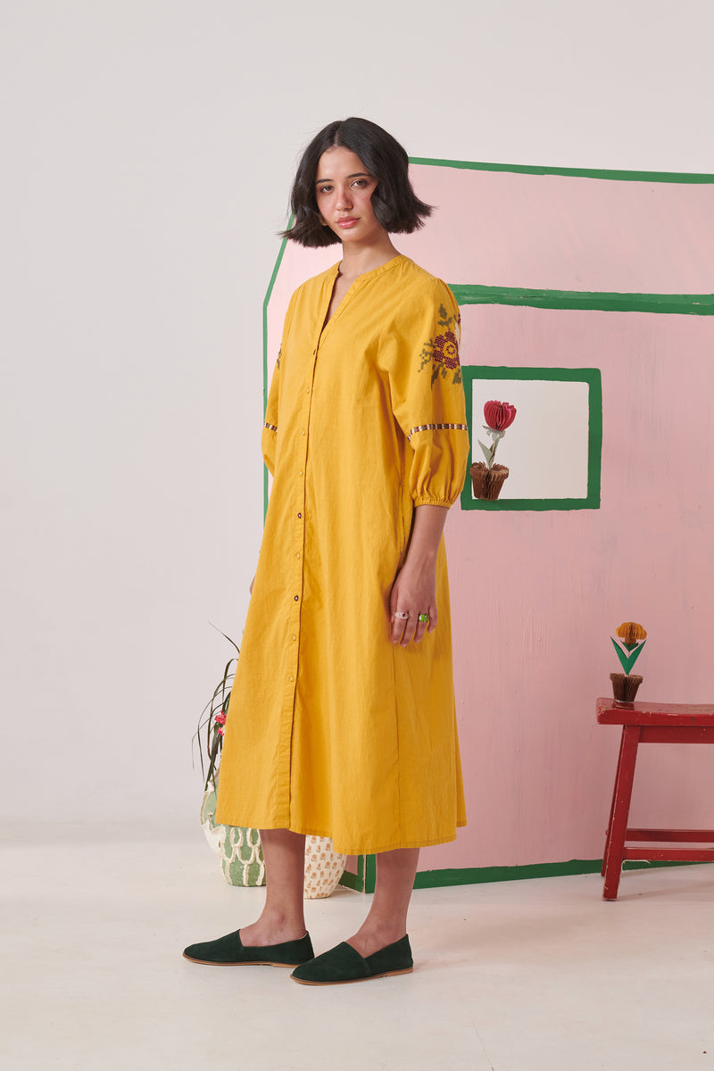 Myra Mustard Pixel Embroidered Midi Dress
