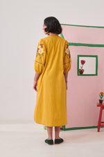 Myra Mustard Pixel Embroidered Midi Dress