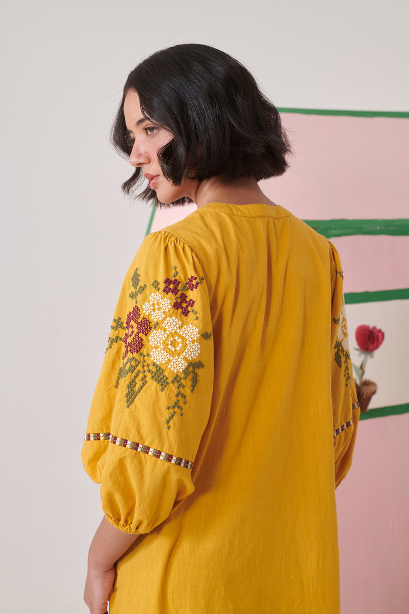 Myra Mustard Pixel Embroidered Midi Dress