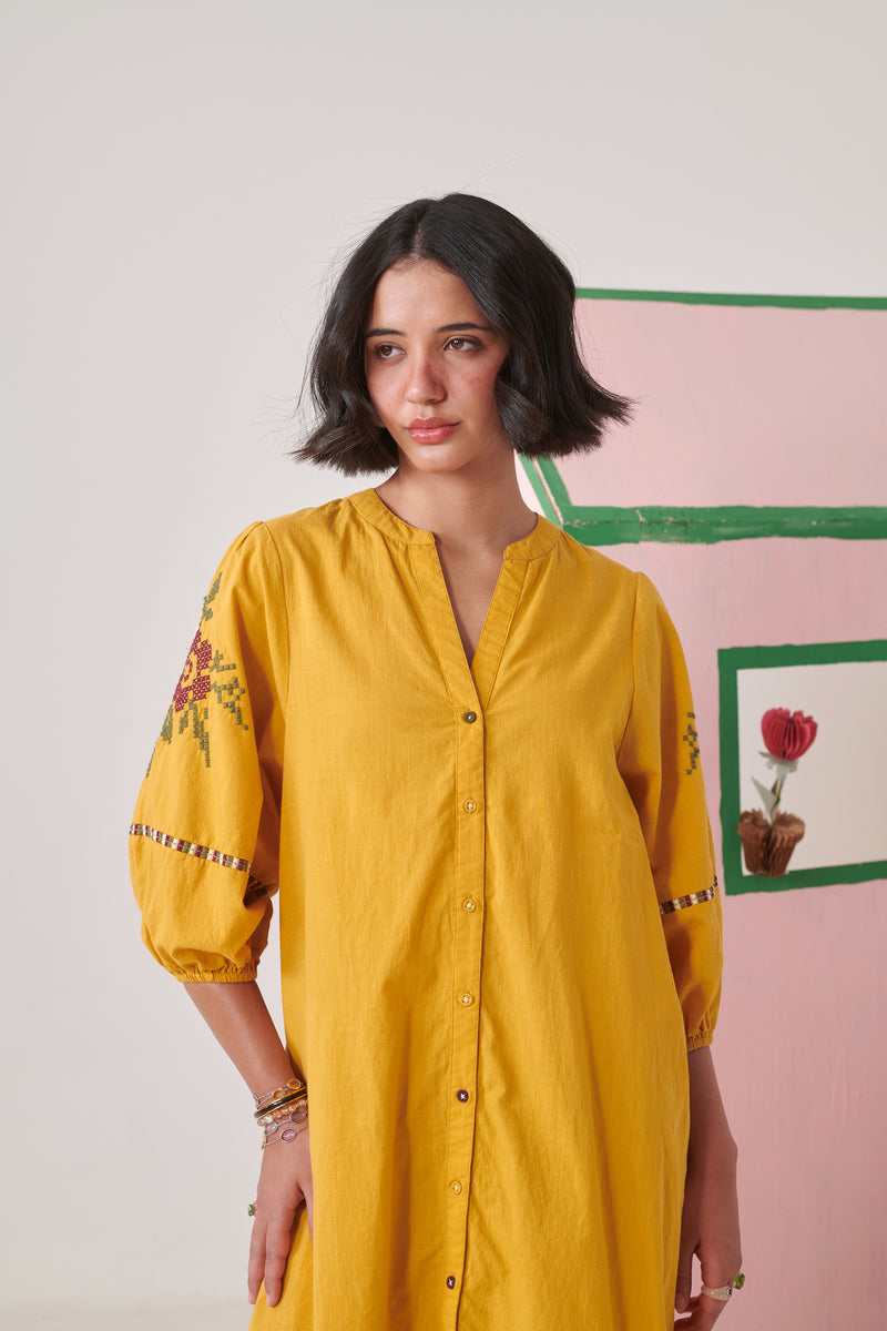 Myra Mustard Pixel Embroidered Midi Dress