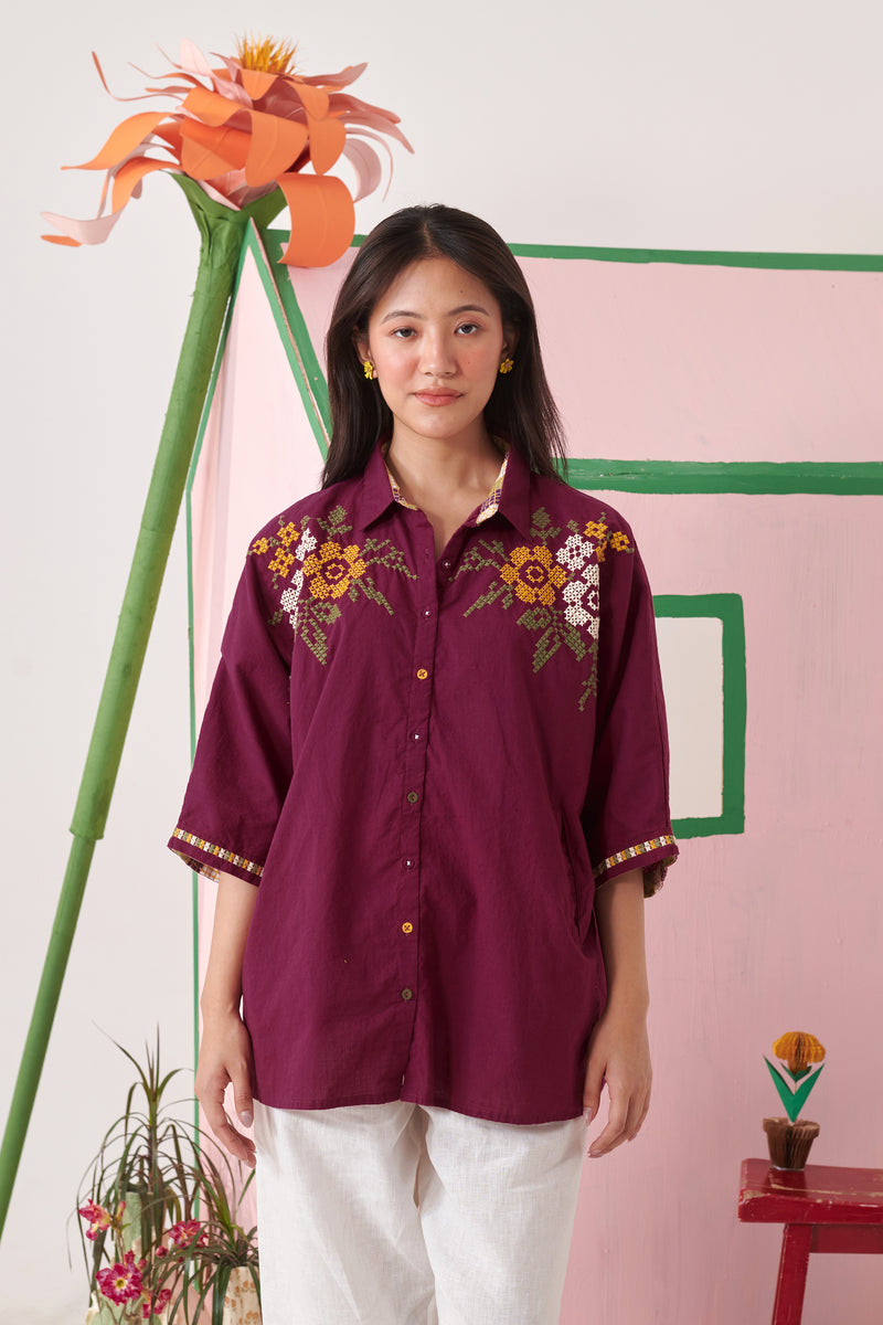 June Burgundy Pixel Boxy Shirt