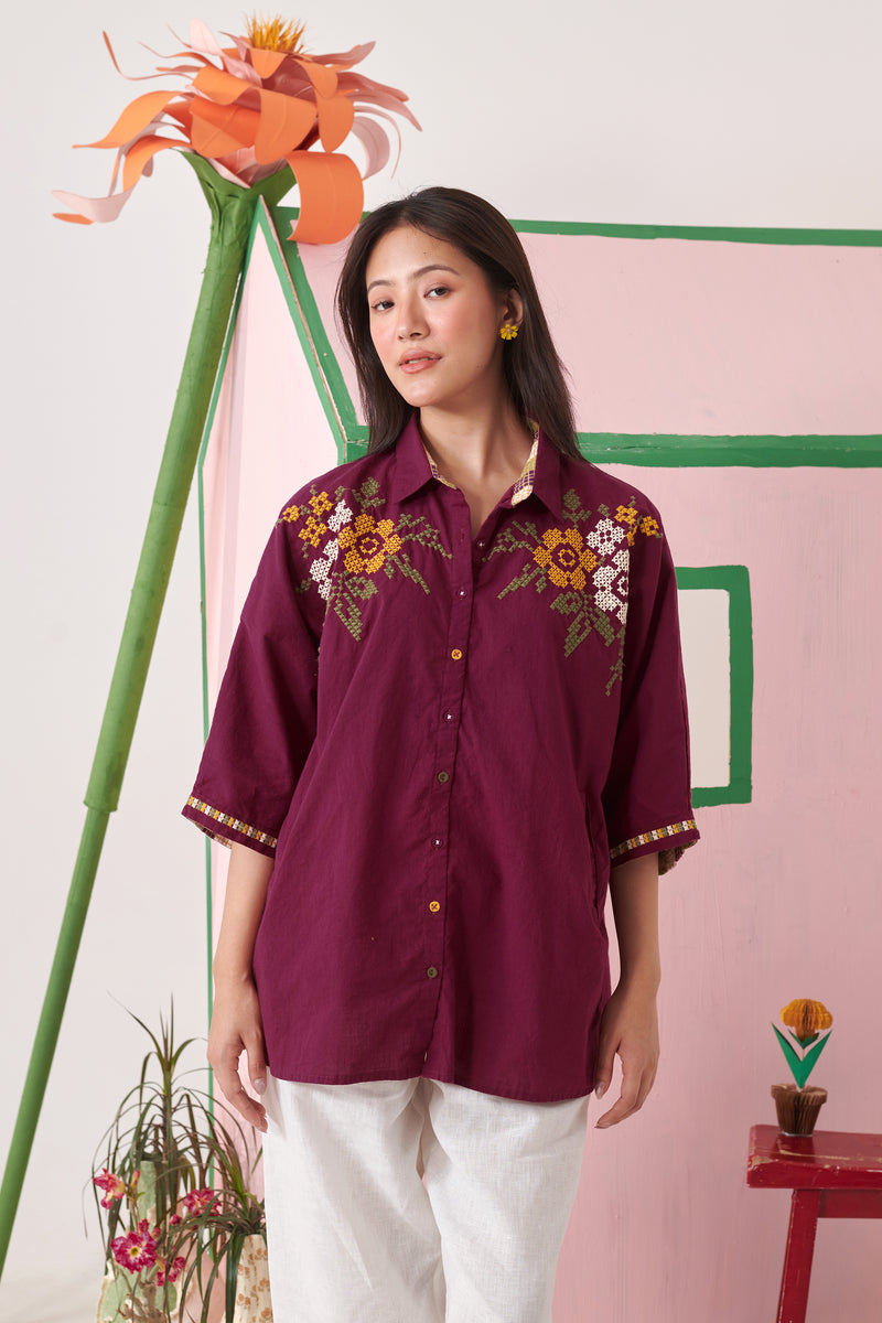 June Burgundy Pixel Boxy Shirt