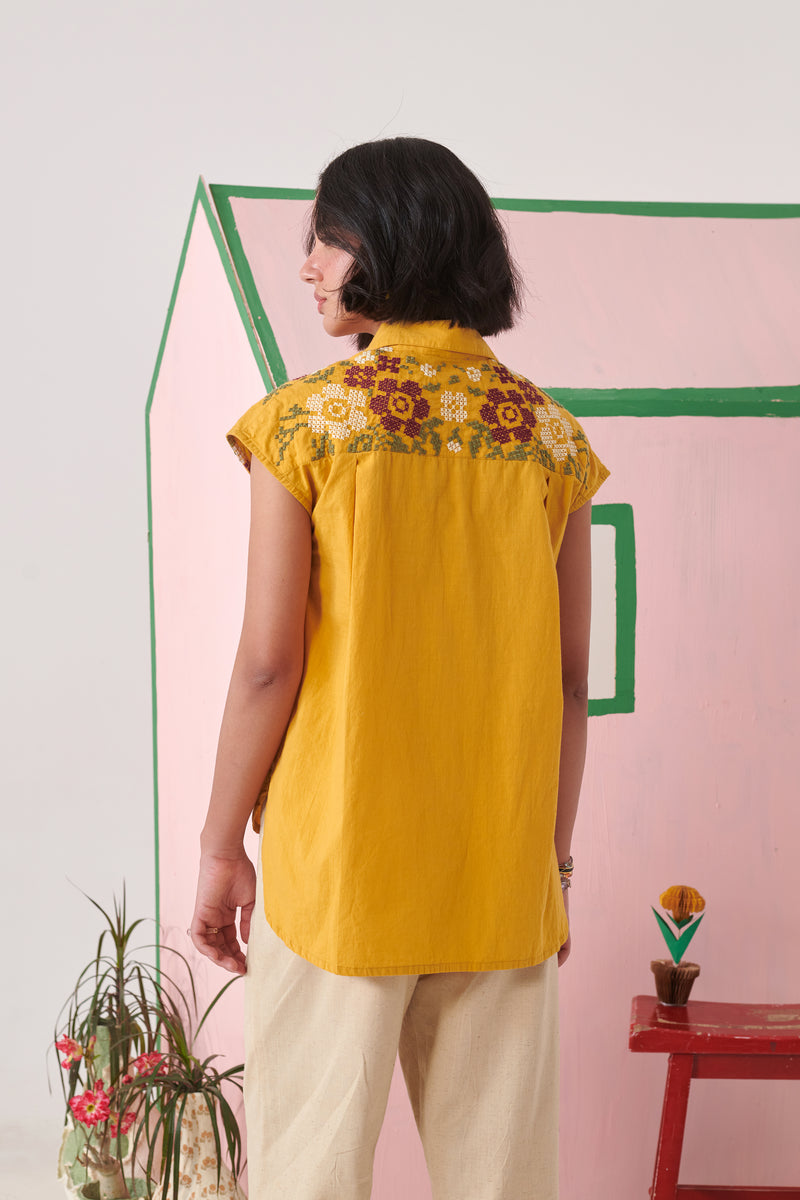 Ami Mustard Pixel Embroidered Shirt