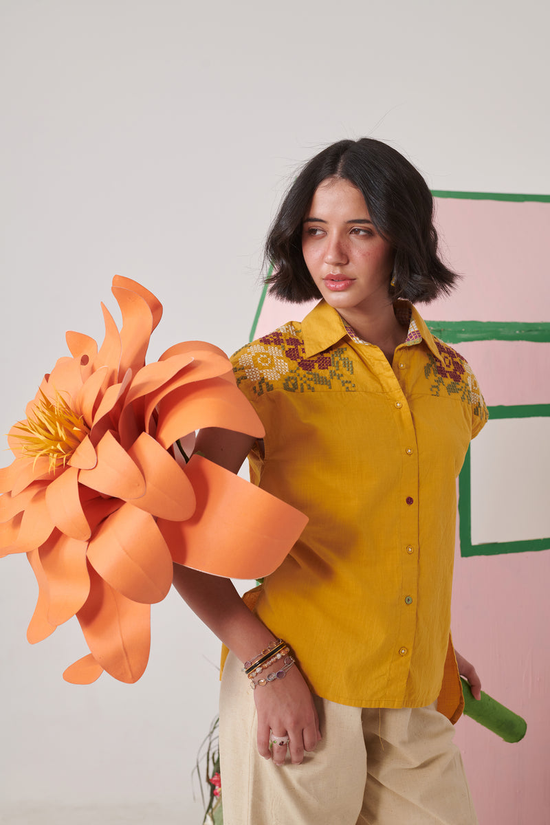 Ami Mustard Pixel Embroidered Shirt