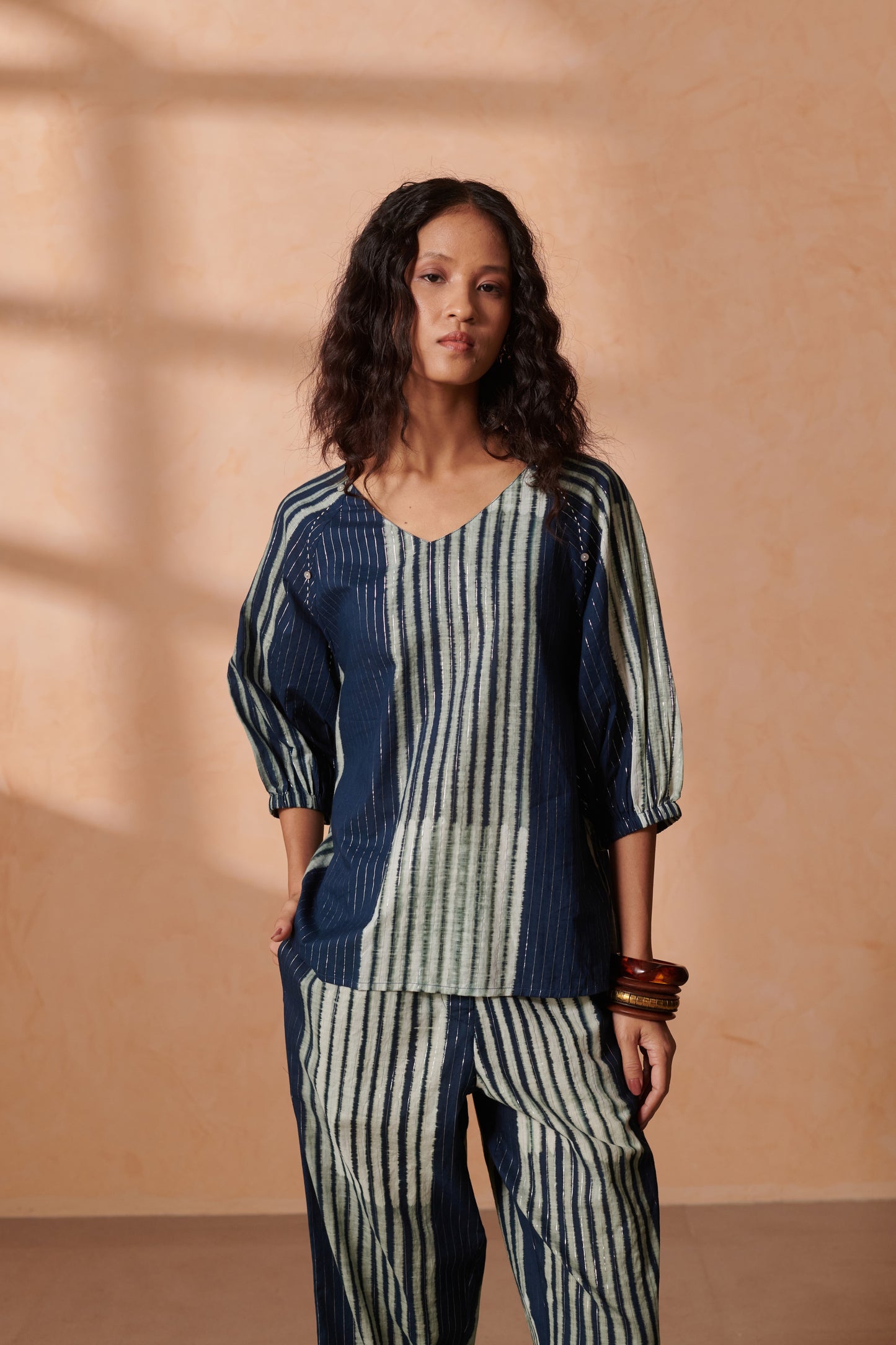 Lia Indigo Striped Lurex Top