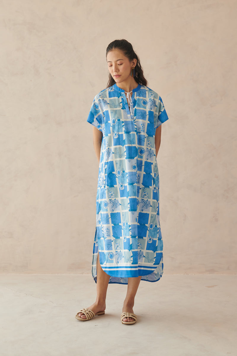 Ines Blue Mosaic Floral Long Dress