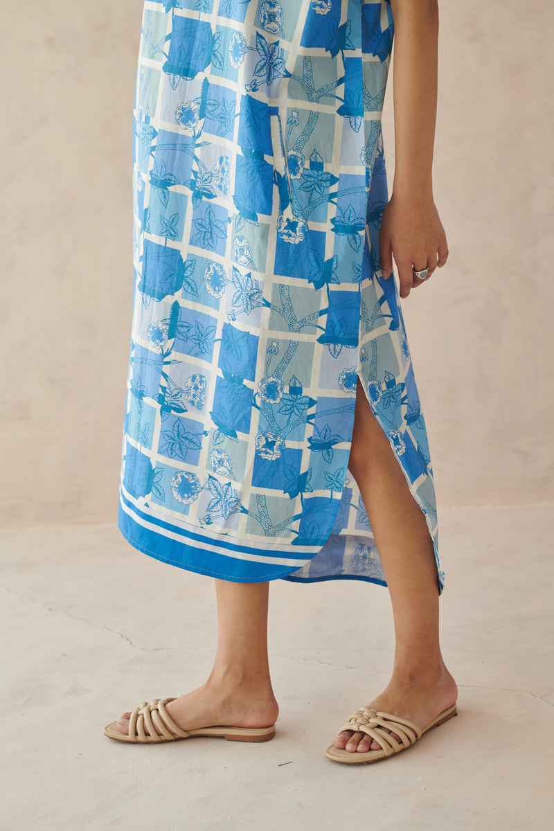Ines Blue Mosaic Floral Long Dress