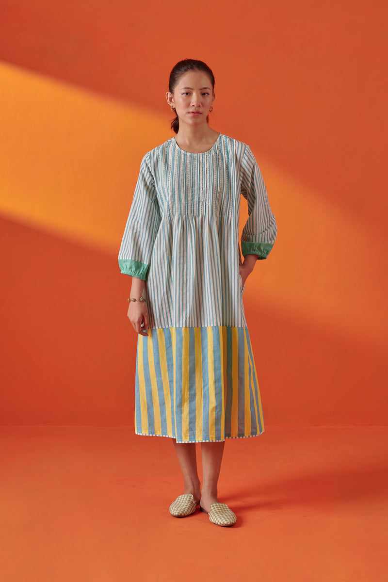 Eclat Aqua & Yellow Pintuck Striped Dress