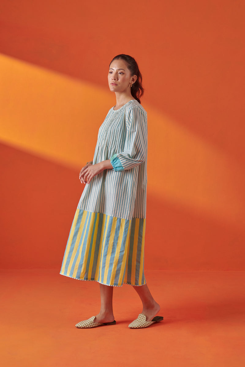 Eclat Aqua & Yellow Pintuck Striped Dress