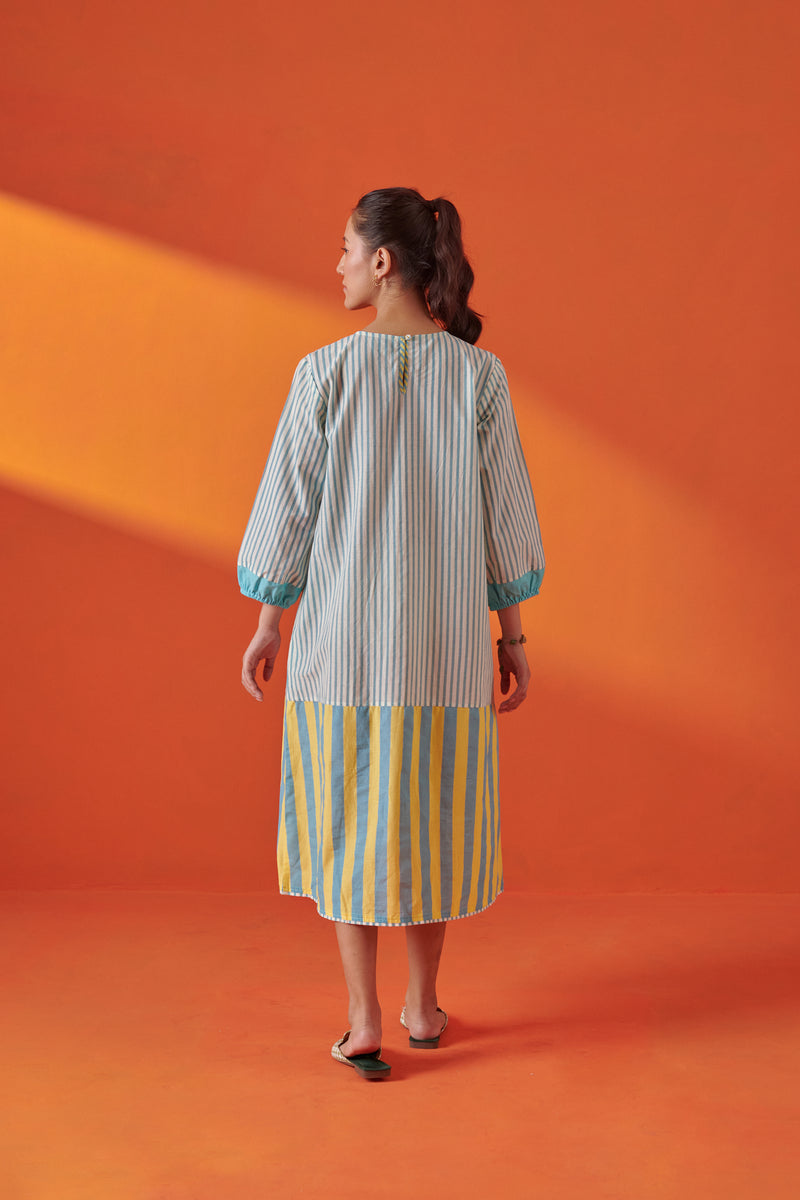 Eclat Aqua & Yellow Pintuck Striped Dress