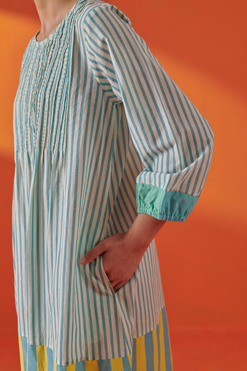 Eclat Aqua & Yellow Pintuck Striped Dress