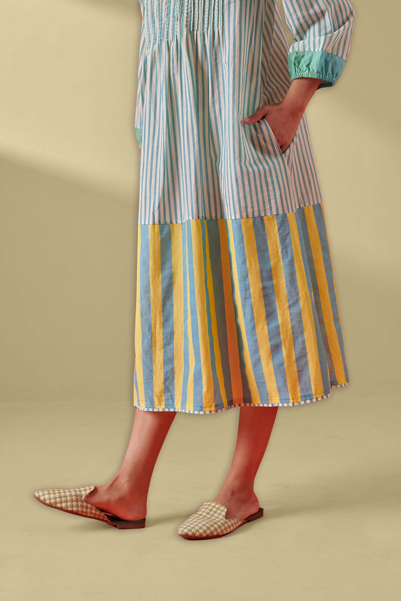 Eclat Aqua & Yellow Pintuck Striped Dress